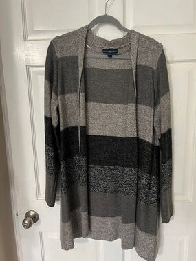 Karen Scott Gray & Black Striped Open-Front Cardigan
